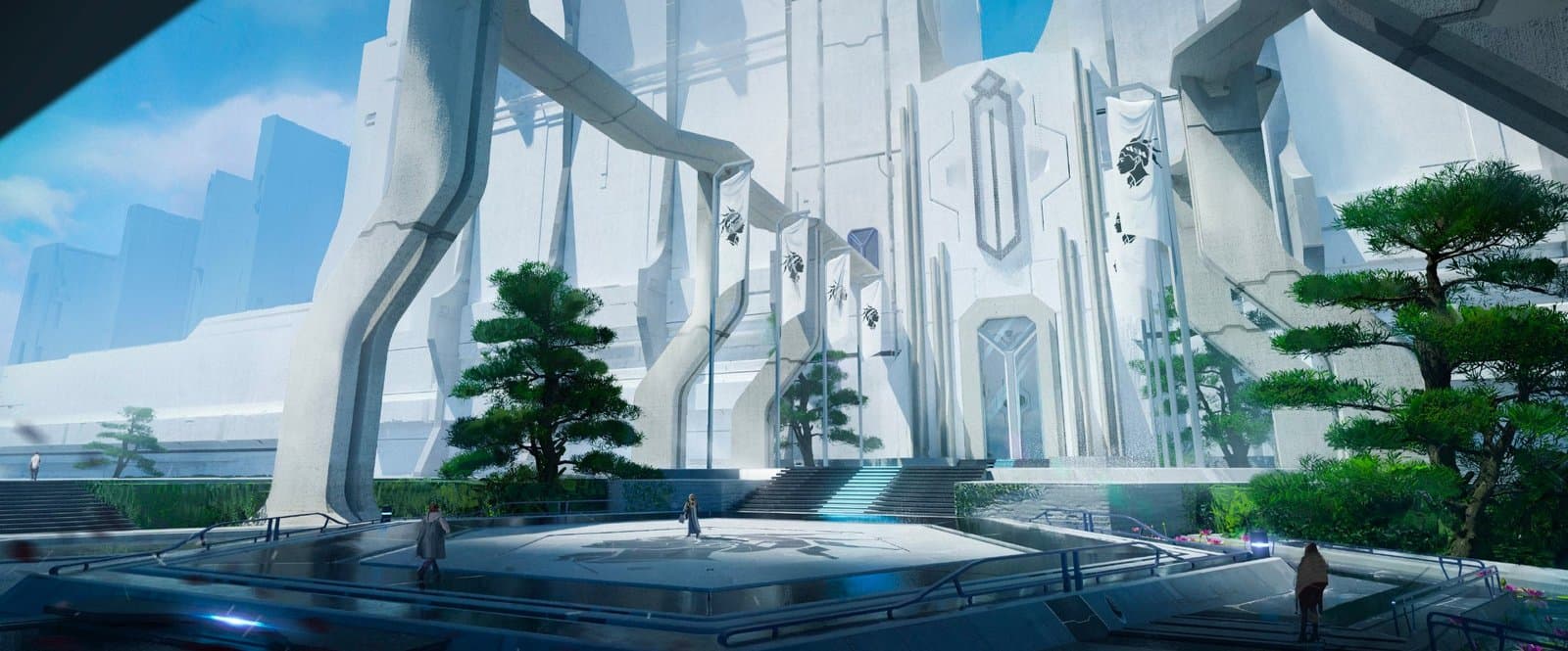 Décor du jeu mobile Mechachain : une cité futuriste blanche avec des arbres