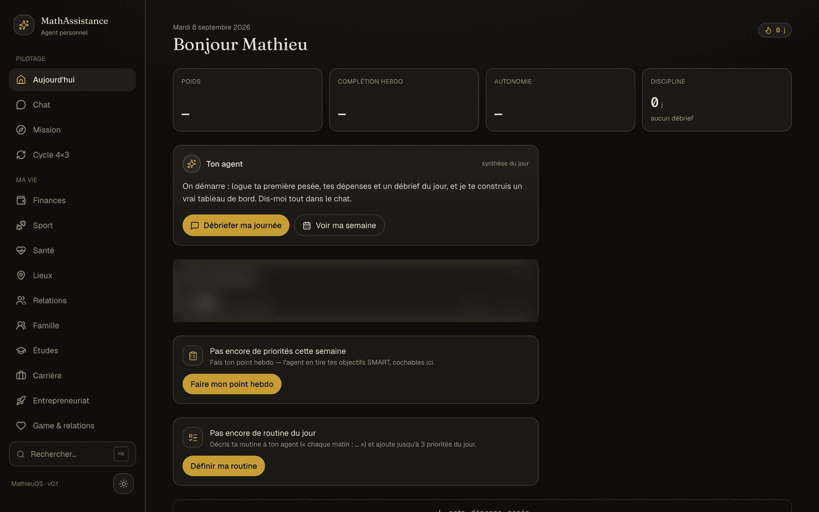 Écran Aujourd'hui de l'agent : indicateurs du jour, synthèse de l'agent, point hebdo et routine à définir.
