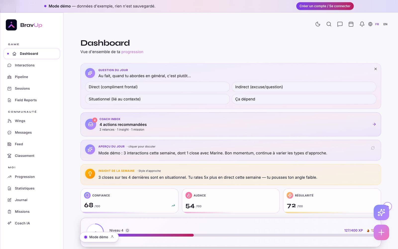 Dashboard de BravUp : question du jour, coach inbox et scores de confiance, audace, régularité
