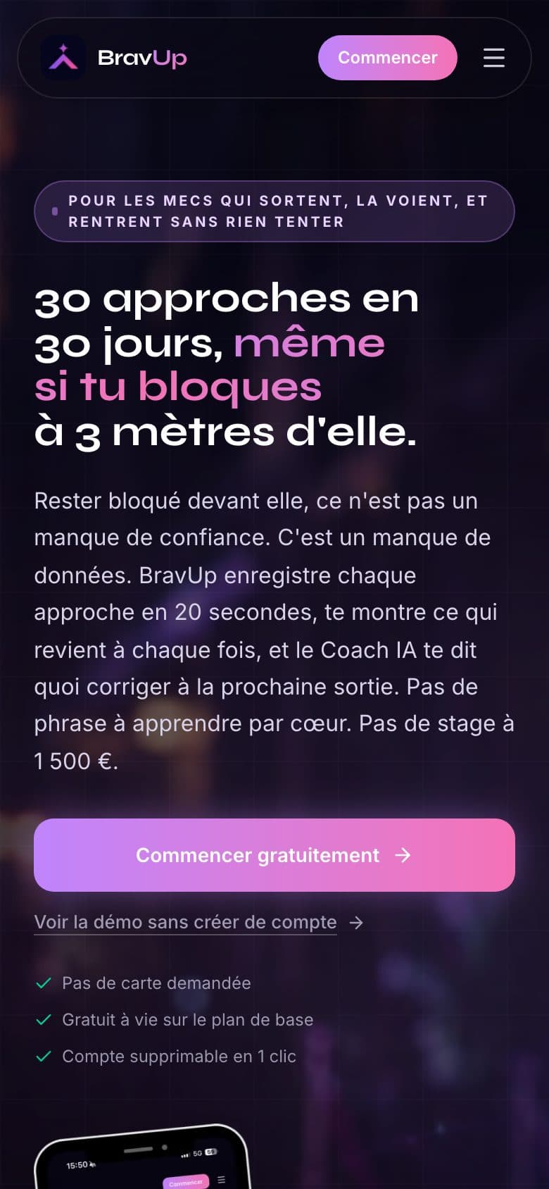 Landing de BravUp sur mobile
