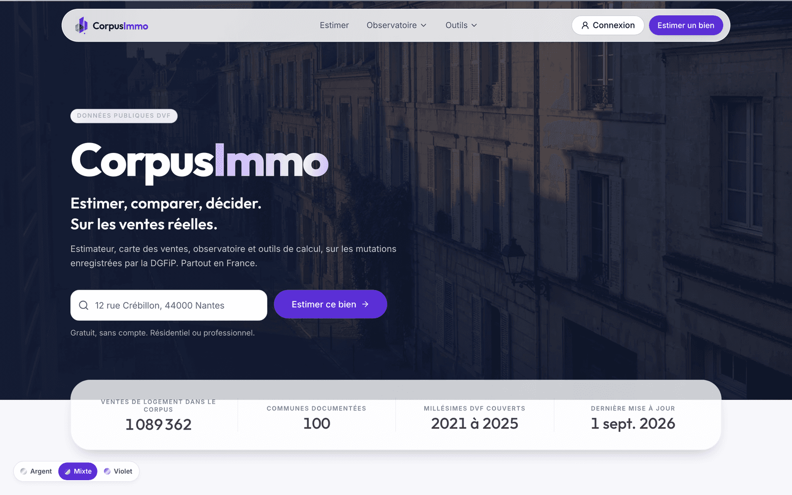 Page d'accueil de CorpusImmo : estimer, comparer, décider sur les ventes réelles, avec le champ d'adresse.