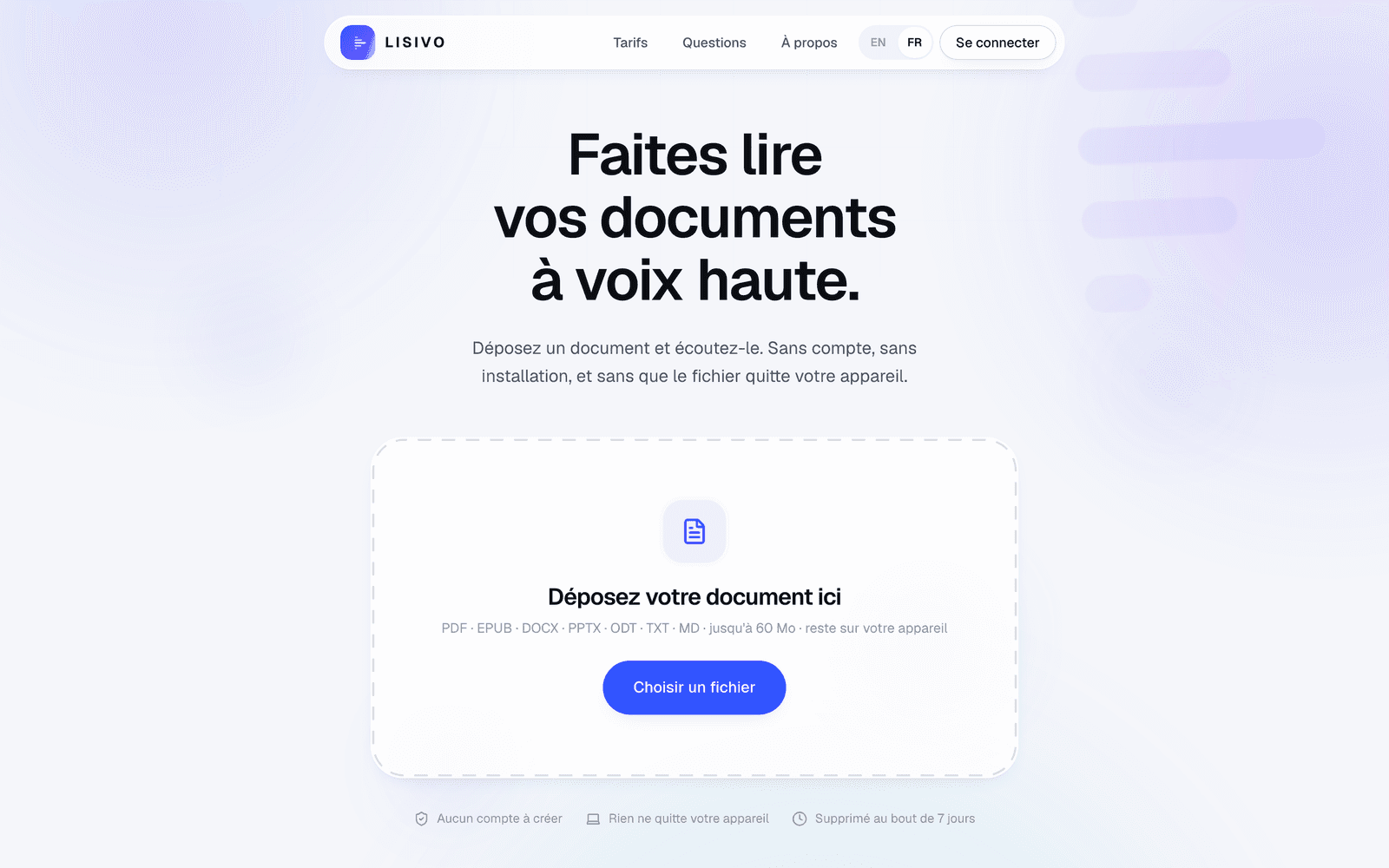Accueil de Lisivo : faites lire vos documents à voix haute, avec la zone de dépôt de fichier.