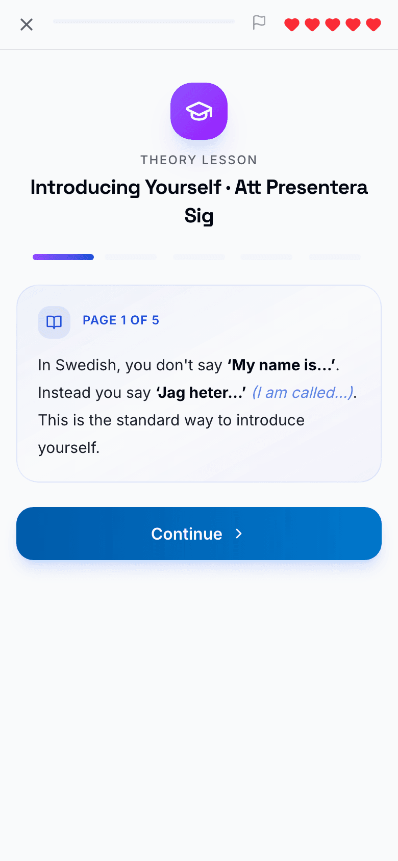 Leçon Svenska App sur mobile : se présenter en suédois, écran de théorie.